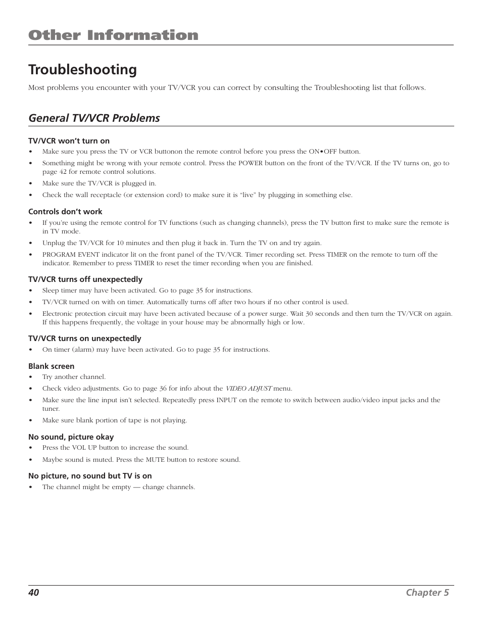 Other information, Troubleshooting, General tv/vcr problems | RCA TV/VCR User Manual | Page 42 / 56