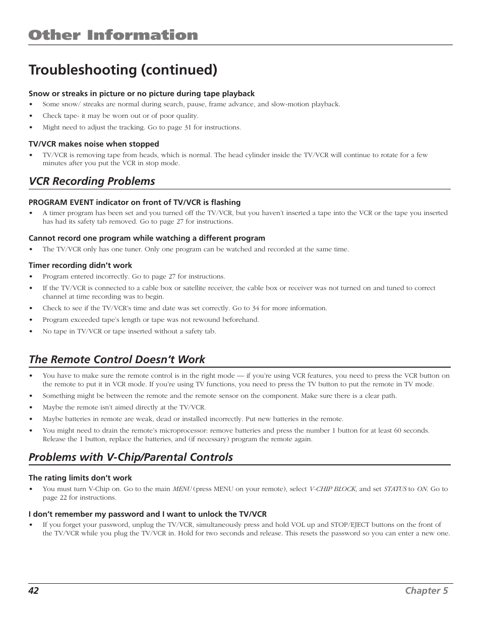 Other information, Troubleshooting (continued), Vcr recording problems | The remote control doesn’t work, Problems with v-chip/parental controls | RCA TV/VCR User Manual | Page 44 / 56