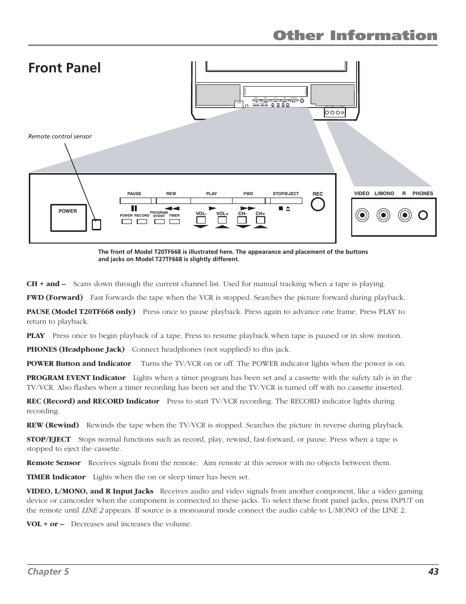 Other information, Front panel, Chapter 5 43 | RCA TV/VCR User Manual | Page 45 / 56