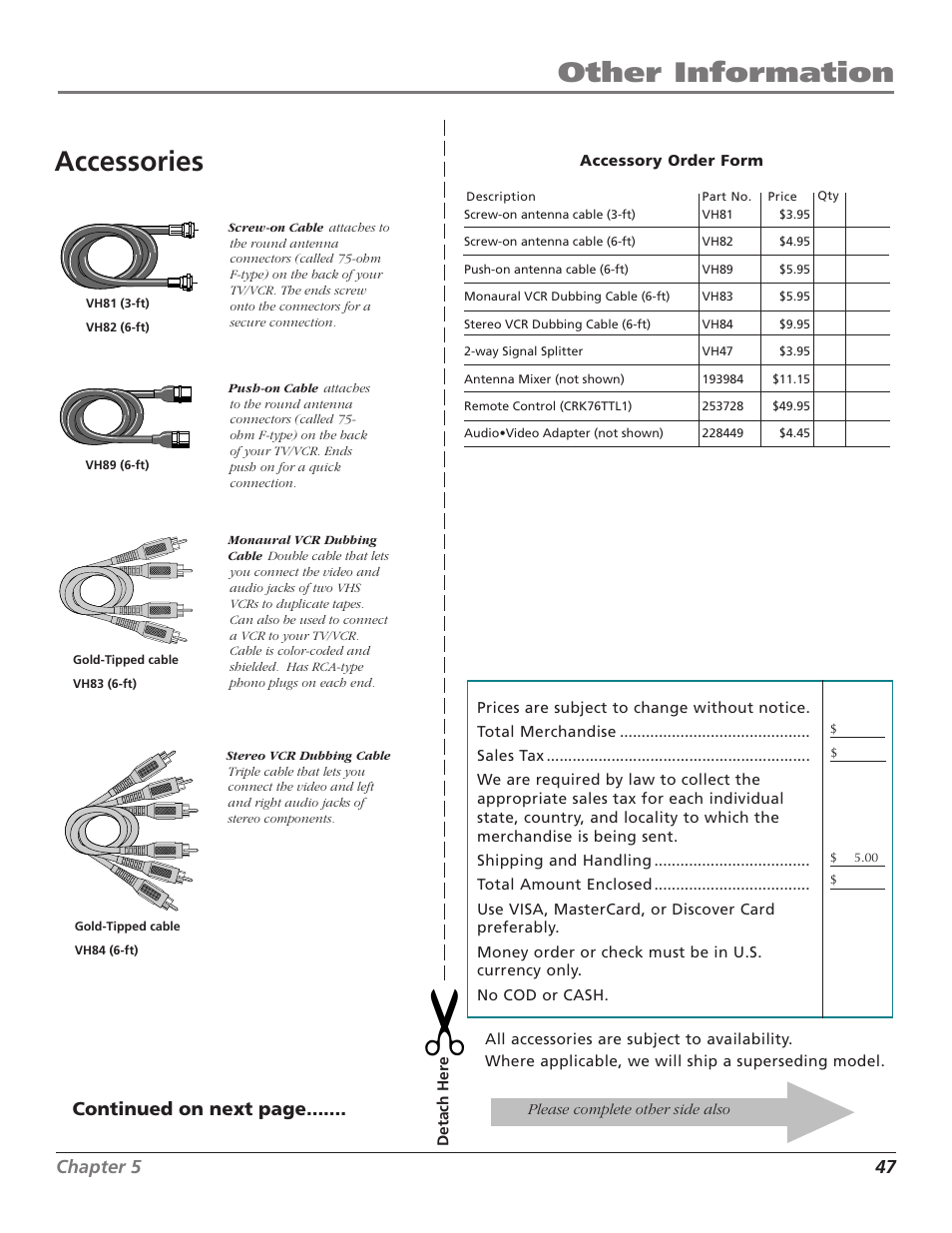 Other information, Accessories, Chapter 5 47 | Continued on next page | RCA TV/VCR User Manual | Page 49 / 56