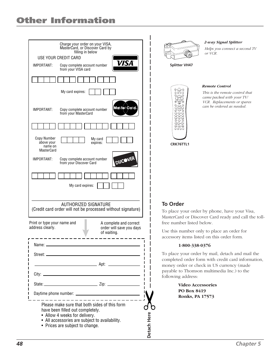 Other information, 48 chapter 5 to order, Detach her e | Use your credit card, Daytime phone number | RCA TV/VCR User Manual | Page 50 / 56