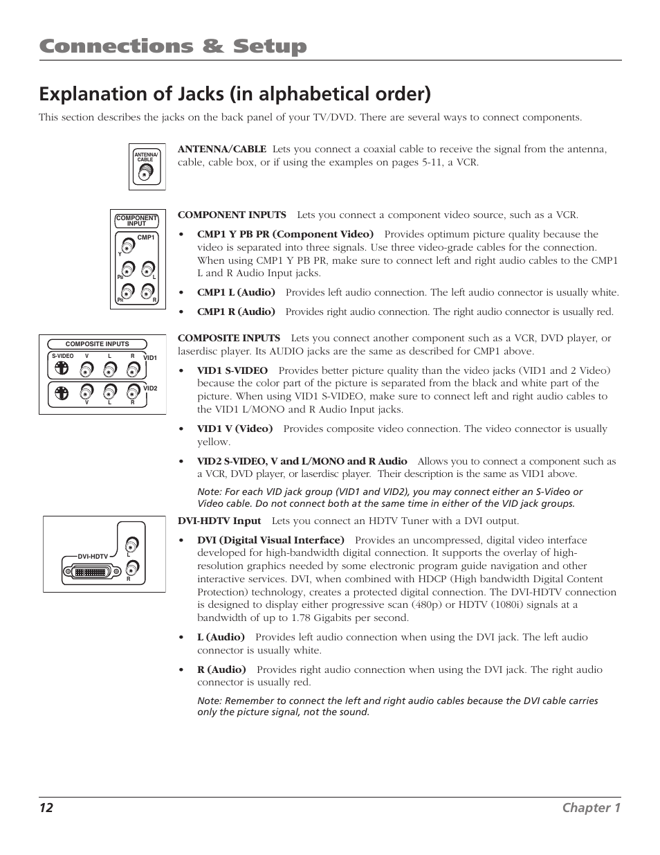 Explanation of jacks (in alphabetical order), Connections & setup, 12 chapter 1 | Chapter 1 13 | RCA D52W27D User Manual | Page 14 / 64