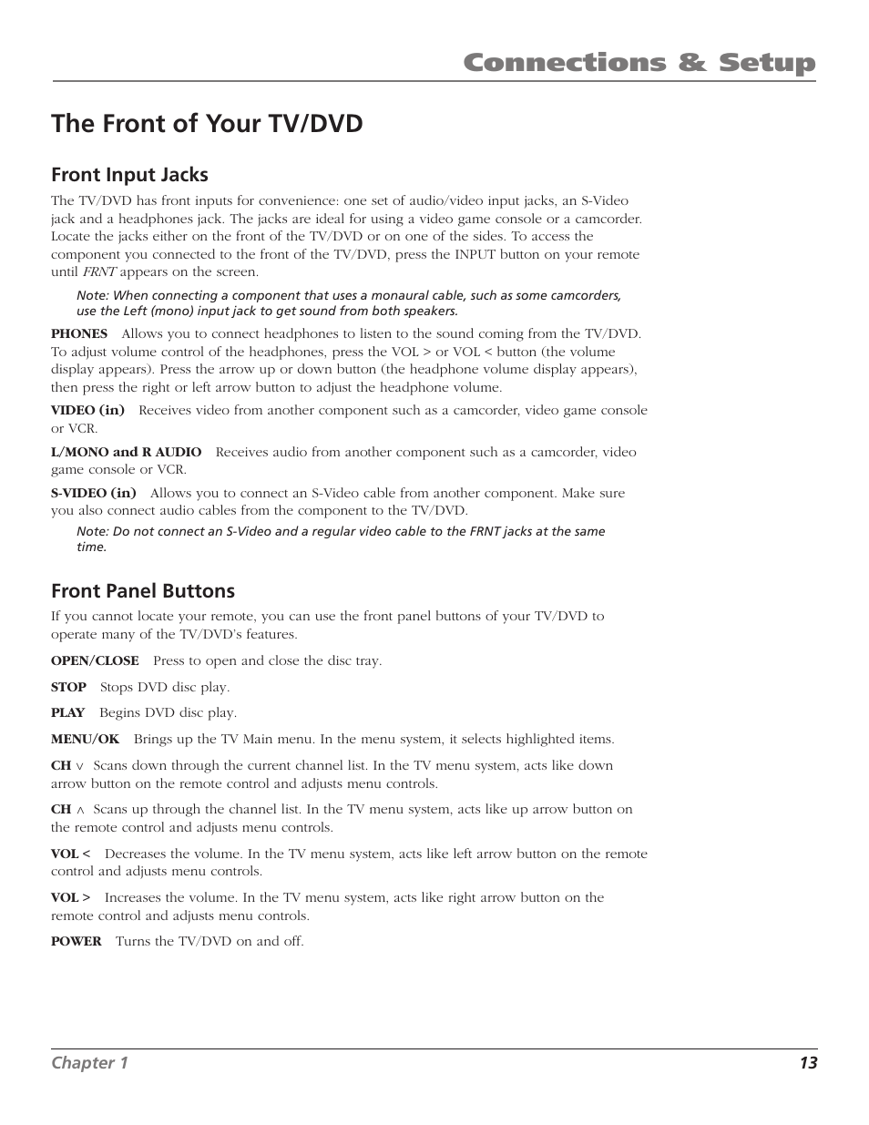 The front of your tv/dvd, Connections & setup, Front input jacks | Front panel buttons | RCA D52W27D User Manual | Page 15 / 64