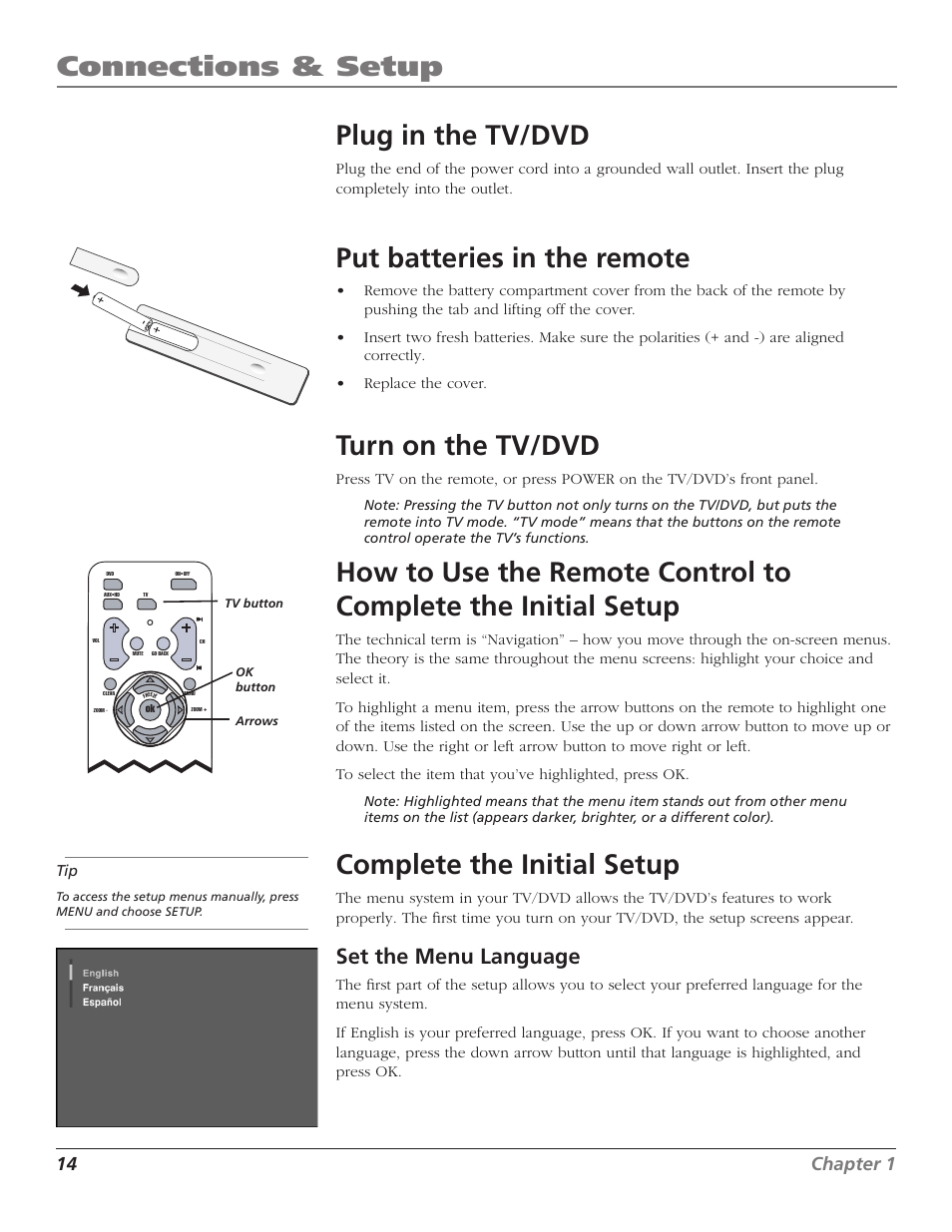 Plug in the tv/dvd, Put batteries in the remote, Turn on the tv/dvd | Complete the initial setup, 14 put batteries in the remote, 14 turn on the tv/dvd, Connections & setup, Set the menu language, 14 chapter 1, Chapter 1 15 | RCA D52W27D User Manual | Page 16 / 64