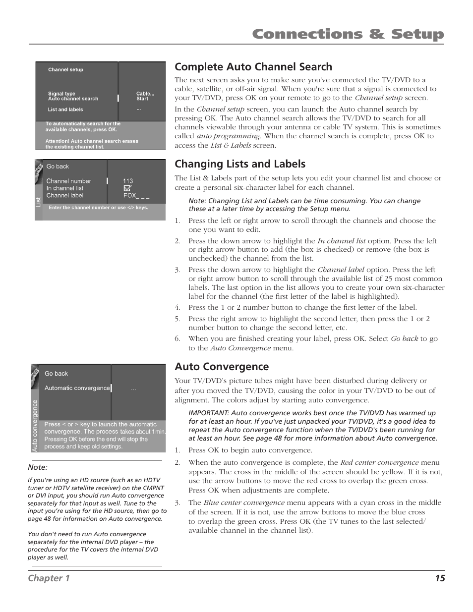 Connections & setup, Complete auto channel search, Changing lists and labels | Auto convergence | RCA D52W27D User Manual | Page 17 / 64