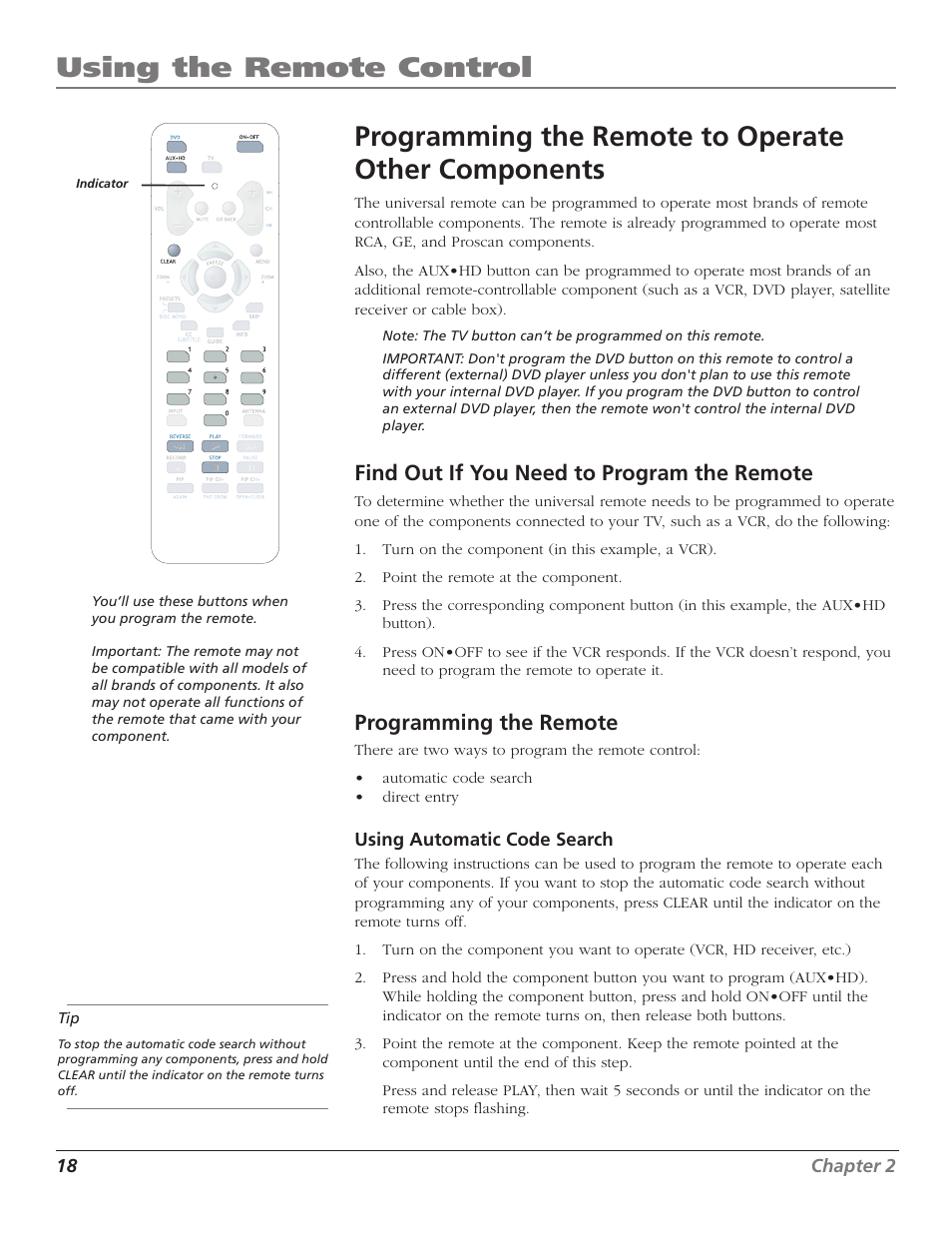 Programming the remote to operate other components, Using the remote control, Find out if you need to program the remote | Programming the remote | RCA D52W27D User Manual | Page 20 / 64