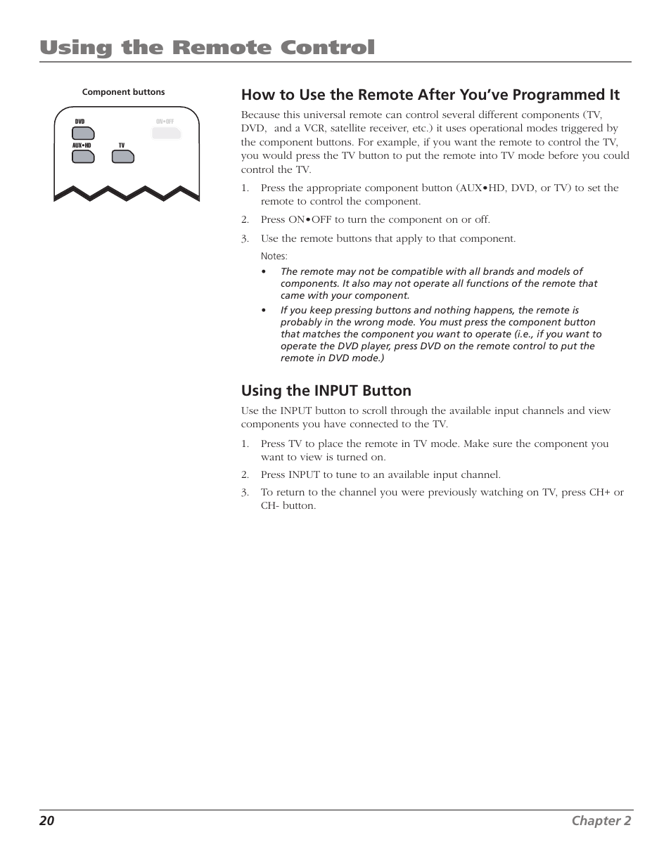 How to use the remote after you’ve programmed it, Using the input button, 20 using the input button | Using the remote control, Remote control codes | RCA D52W27D User Manual | Page 22 / 64