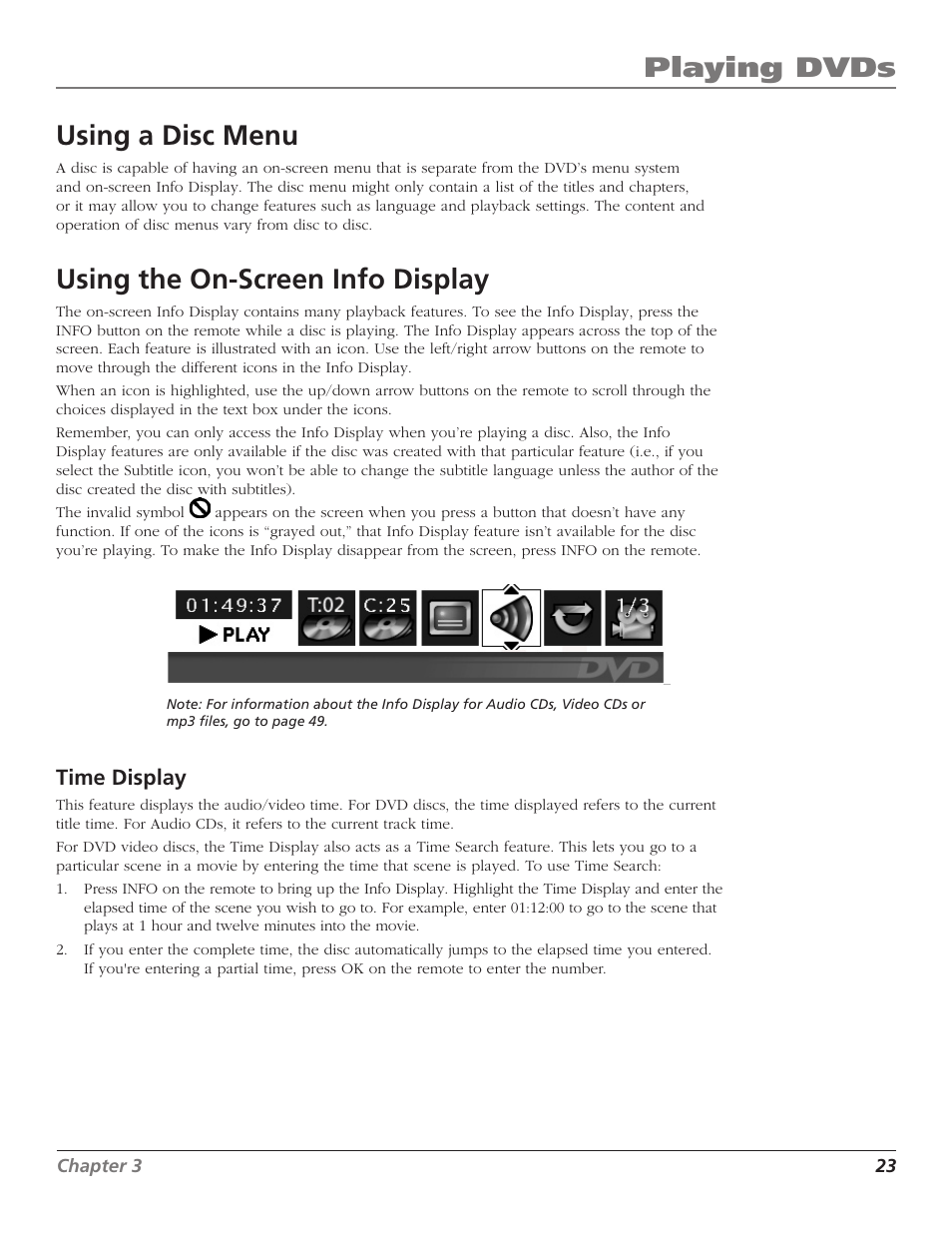 Using a disc menu, Using the on-screen info display, 23 using the on-screen info display | RCA D52W27D User Manual | Page 25 / 64