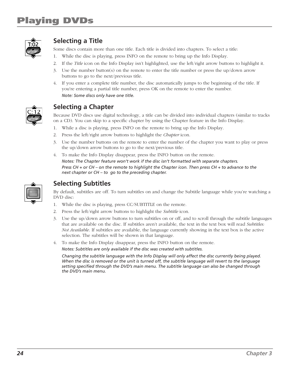 Playing dvds, Selecting a title, Selecting a chapter | Selecting subtitles | RCA D52W27D User Manual | Page 26 / 64