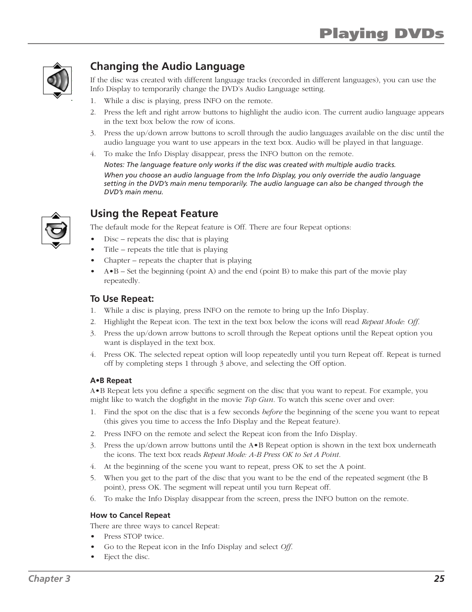 Playing dvds, Changing the audio language, Using the repeat feature | RCA D52W27D User Manual | Page 27 / 64