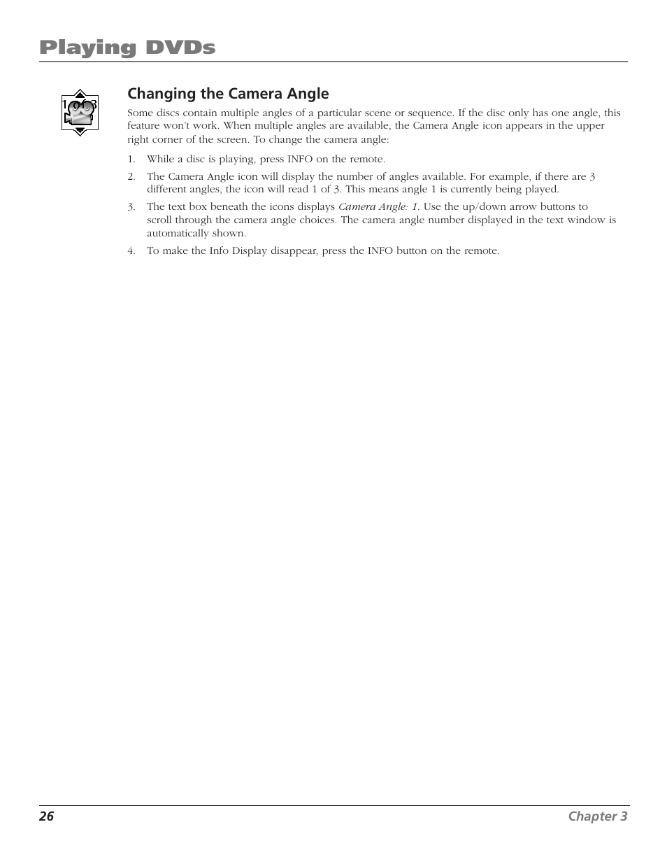 Playing dvds, Changing the camera angle | RCA D52W27D User Manual | Page 28 / 64