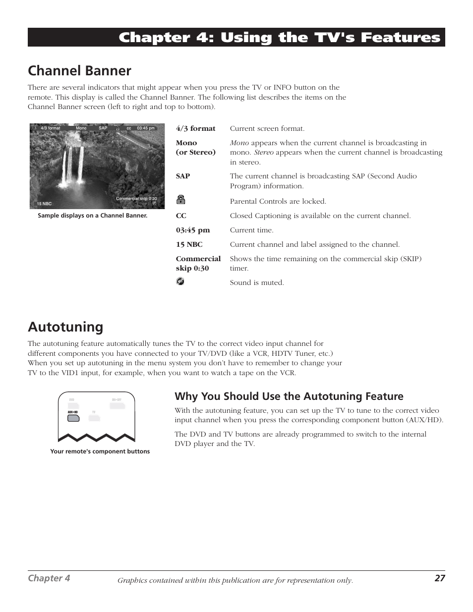 Channel banner, Autotuning, 27 autotuning | Chapter 4: using the tv's features channel banner, Why you should use the autotuning feature | RCA D52W27D User Manual | Page 29 / 64