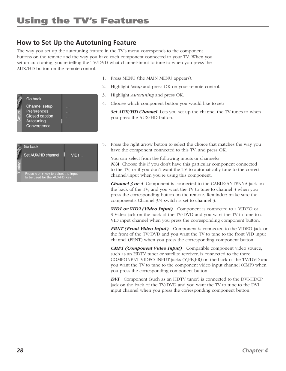 Using the tv’s features, How to set up the autotuning feature | RCA D52W27D User Manual | Page 30 / 64