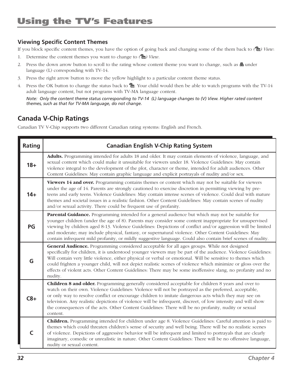 Using the tv’s features, Canada v-chip ratings | RCA D52W27D User Manual | Page 34 / 64