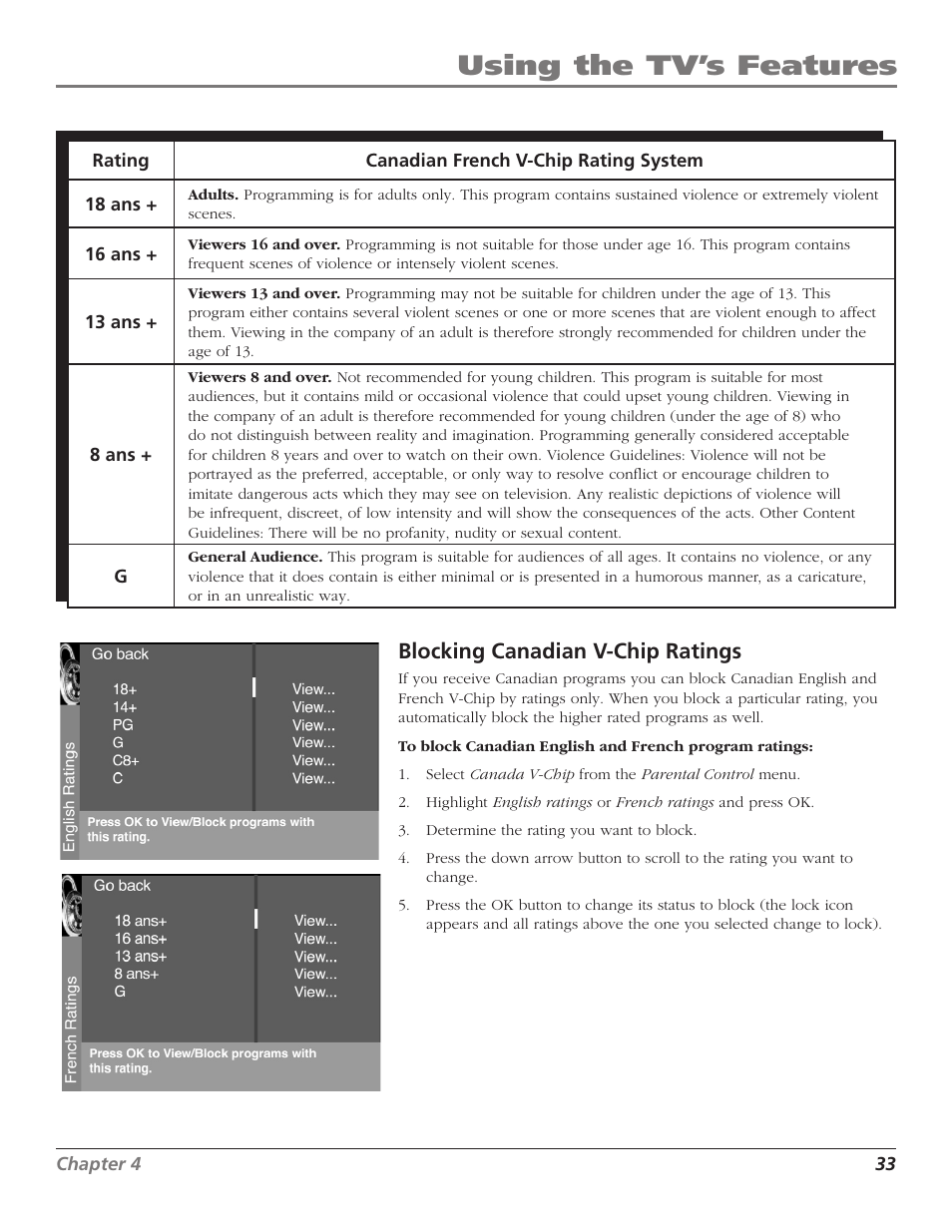 Using the tv’s features, Blocking canadian v-chip ratings | RCA D52W27D User Manual | Page 35 / 64