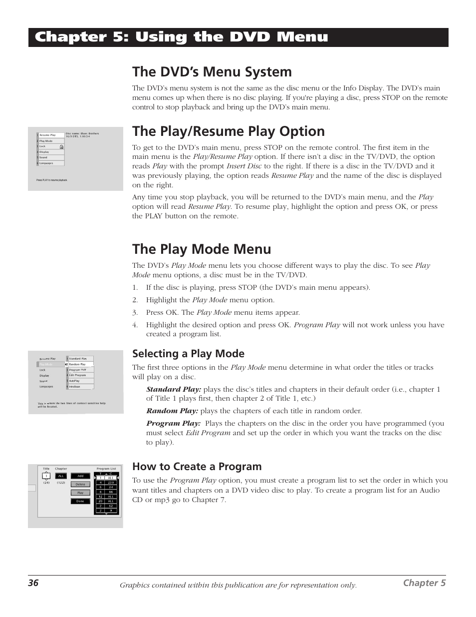 The dvd’s menu system, The play/resume play option, The play mode menu | 36 the play/resume play option, 36 the play mode menu | RCA D52W27D User Manual | Page 38 / 64