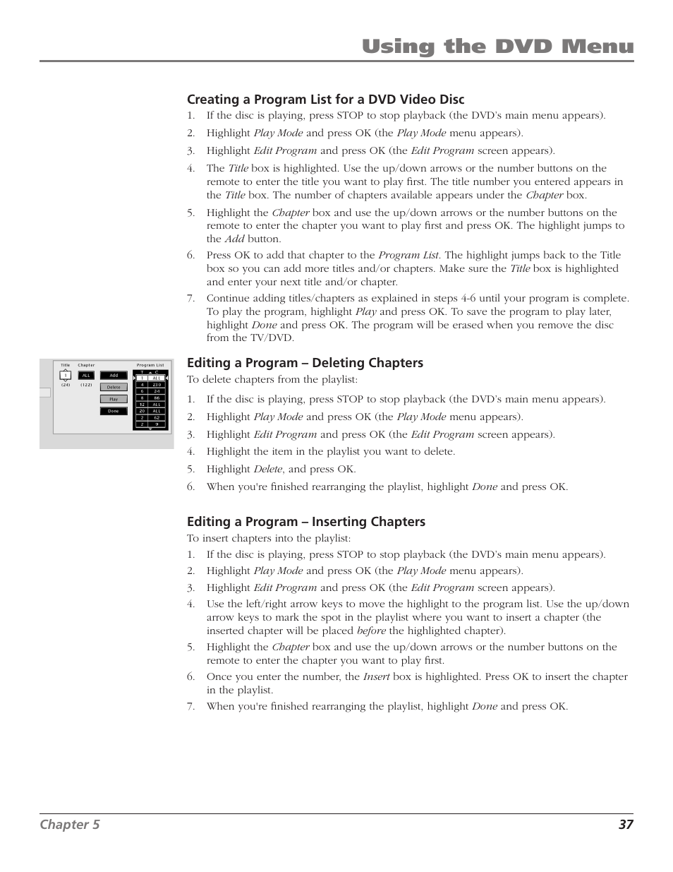 Using the dvd menu chapter 5: using the dvd menu | RCA D52W27D User Manual | Page 39 / 64