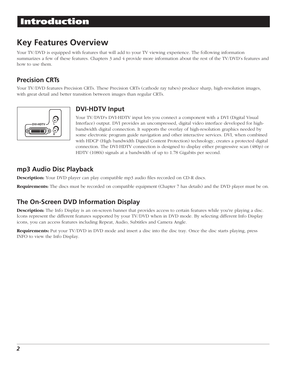 Key features overview, Introduction key features overview, Precision crts | Dvi-hdtv input, Mp3 audio disc playback, The on-screen dvd information display | RCA D52W27D User Manual | Page 4 / 64