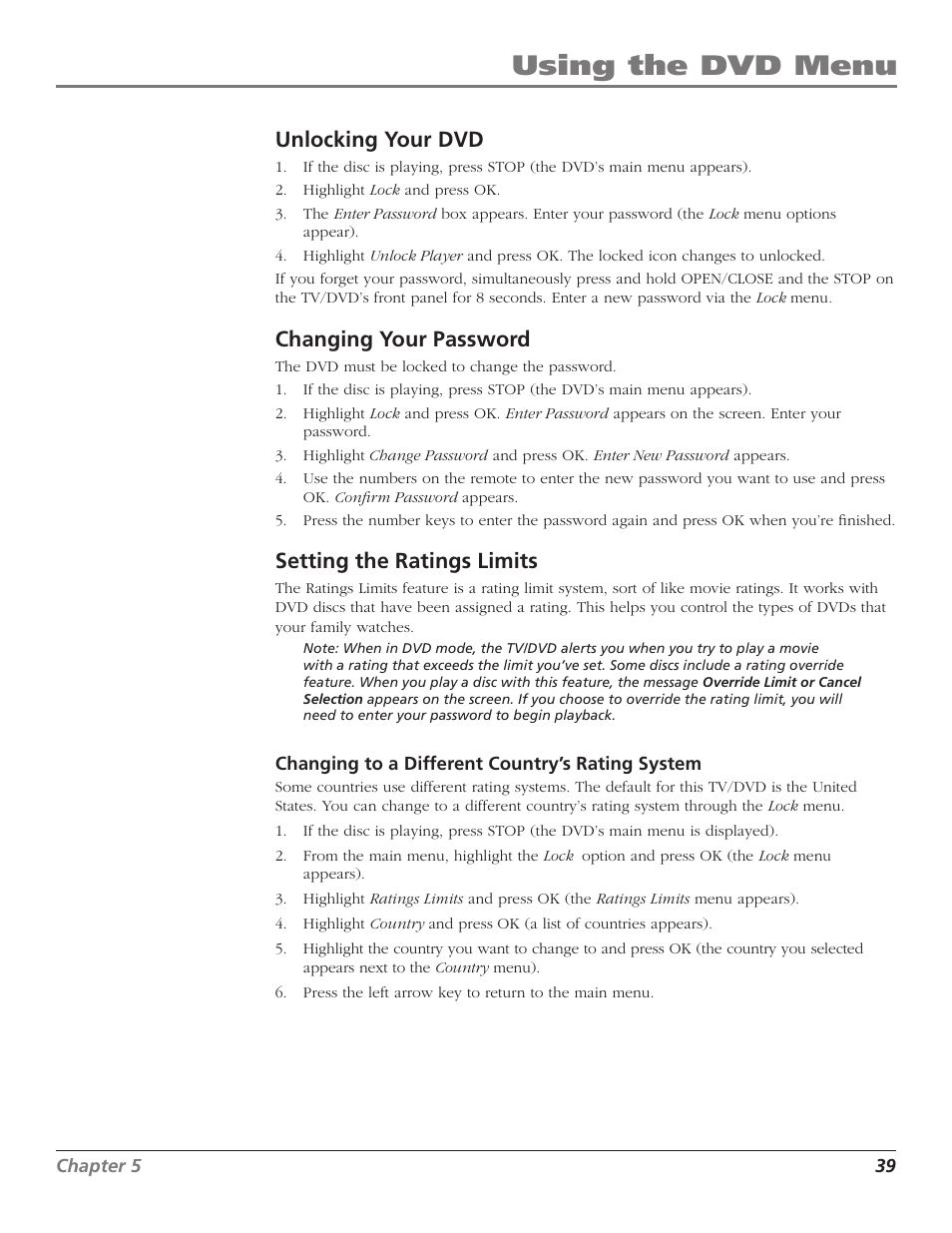 Using the dvd menu, Unlocking your dvd, Changing your password | Setting the ratings limits | RCA D52W27D User Manual | Page 41 / 64