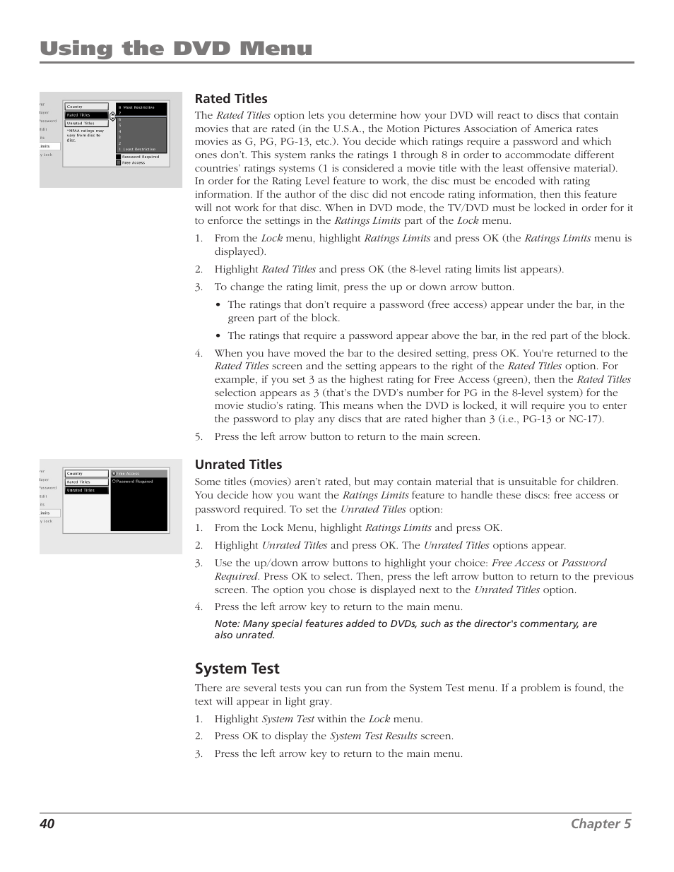 Using the dvd menu, System test | RCA D52W27D User Manual | Page 42 / 64