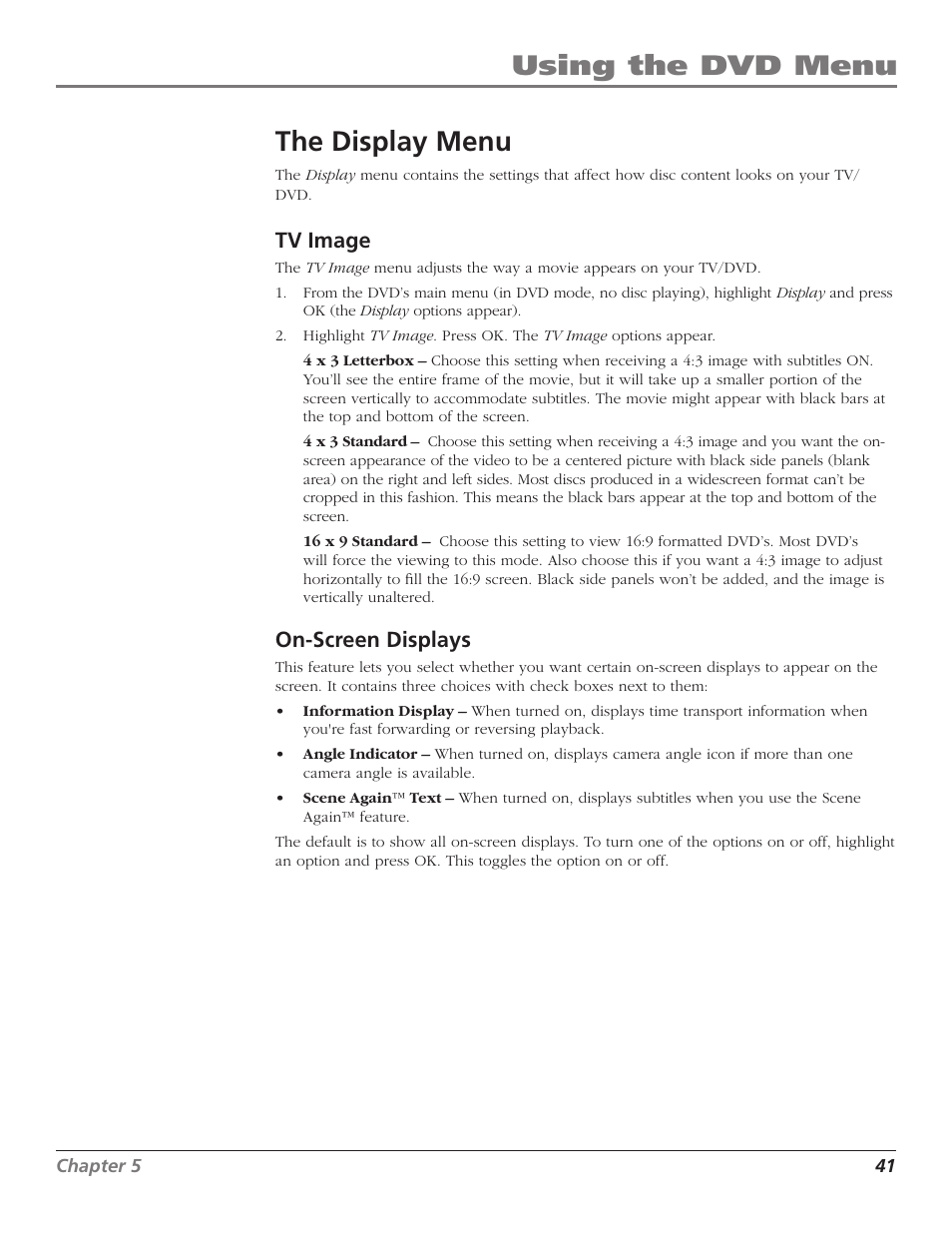 The display menu, Using the dvd menu, Using the dvd menu the display menu | Tv image, On-screen displays | RCA D52W27D User Manual | Page 43 / 64