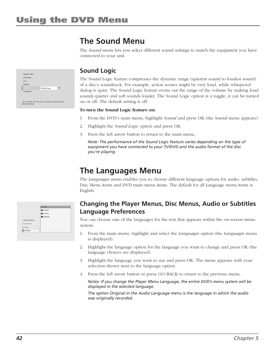 The sound menu, The languages menu, 42 the languages menu | Using the dvd menu the sound menu, Sound logic | RCA D52W27D User Manual | Page 44 / 64