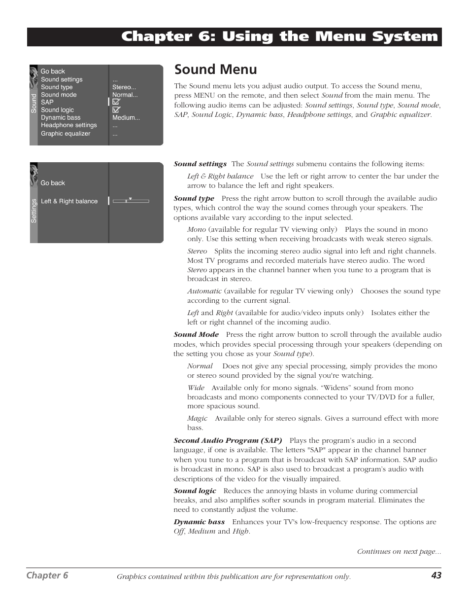 Sound menu, Chapter 6: using the menu system sound menu | RCA D52W27D User Manual | Page 45 / 64