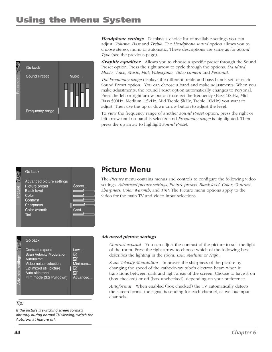 Picture menu, Using the menu system | RCA D52W27D User Manual | Page 46 / 64