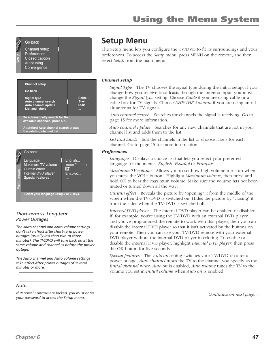 Setup menu, Using the menu system | RCA D52W27D User Manual | Page 49 / 64