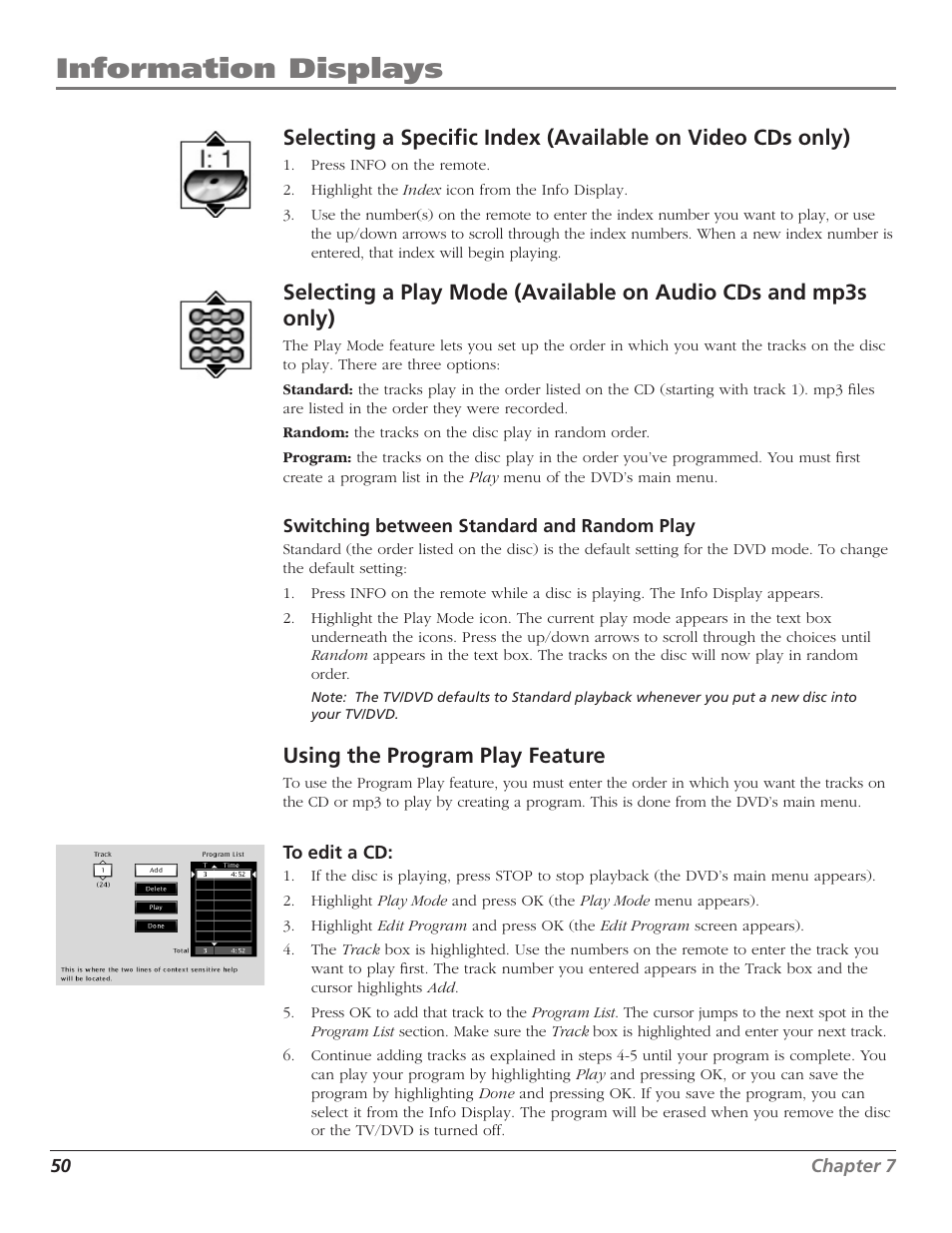 Using the program play feature, Selecting a specific index, 50 selecting a play mode | 50 using the program play feature, Information displays | RCA D52W27D User Manual | Page 52 / 64