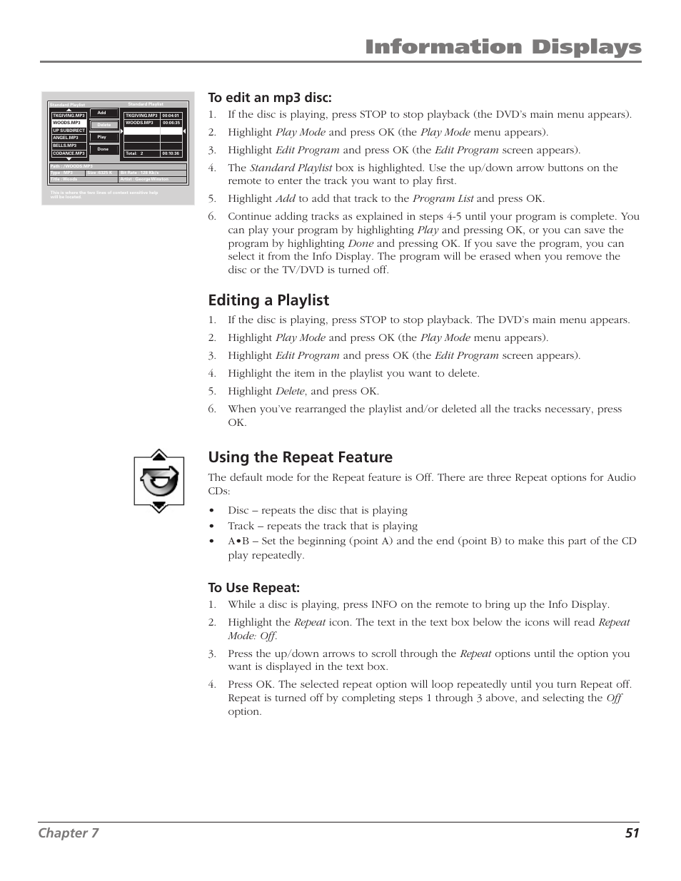 Editing a playlist, Using the repeat feature, 51 using the repeat feature | Information displays, 50 chapter 7, Chapter 7 51 | RCA D52W27D User Manual | Page 53 / 64
