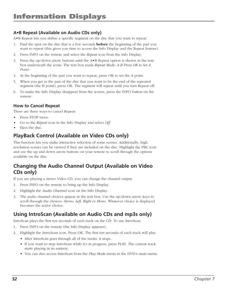 Playback control (available on video cds only), Playback control, 52 changing the audio channel output | 52 using introscan, Information displays | RCA D52W27D User Manual | Page 54 / 64