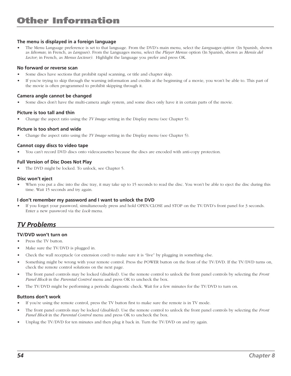Other information, Tv problems | RCA D52W27D User Manual | Page 56 / 64
