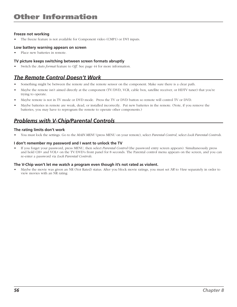 Other information, The remote control doesn’t work, Problems with v-chip/parental controls | RCA D52W27D User Manual | Page 58 / 64