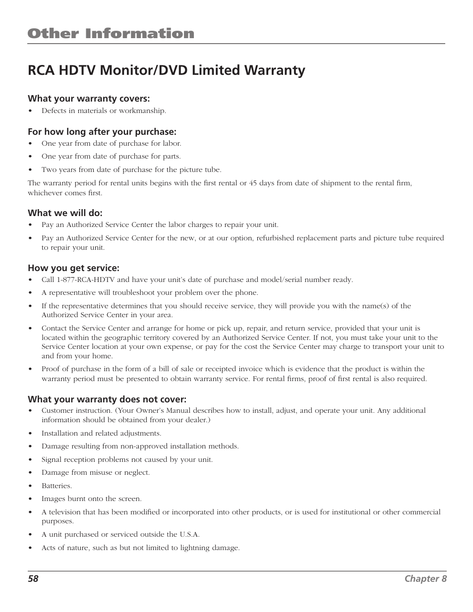 Rca hdtv monitor/dvd limited warranty, Limited warranty, Other information | RCA D52W27D User Manual | Page 60 / 64