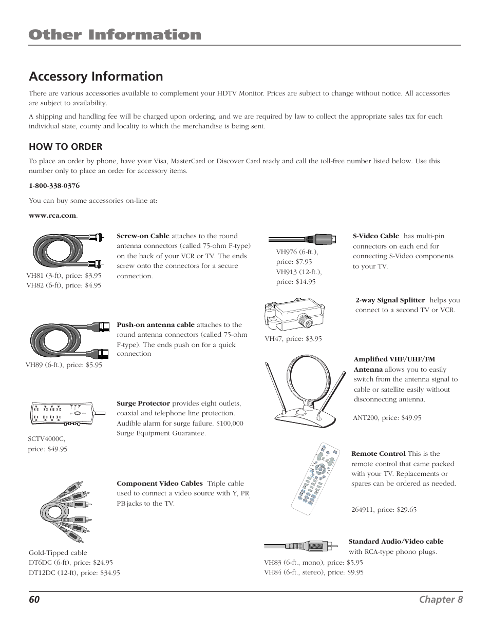 Accessory information, Other information, Index | 60 chapter 8, Chapter 8 61, How to order | RCA D52W27D User Manual | Page 62 / 64