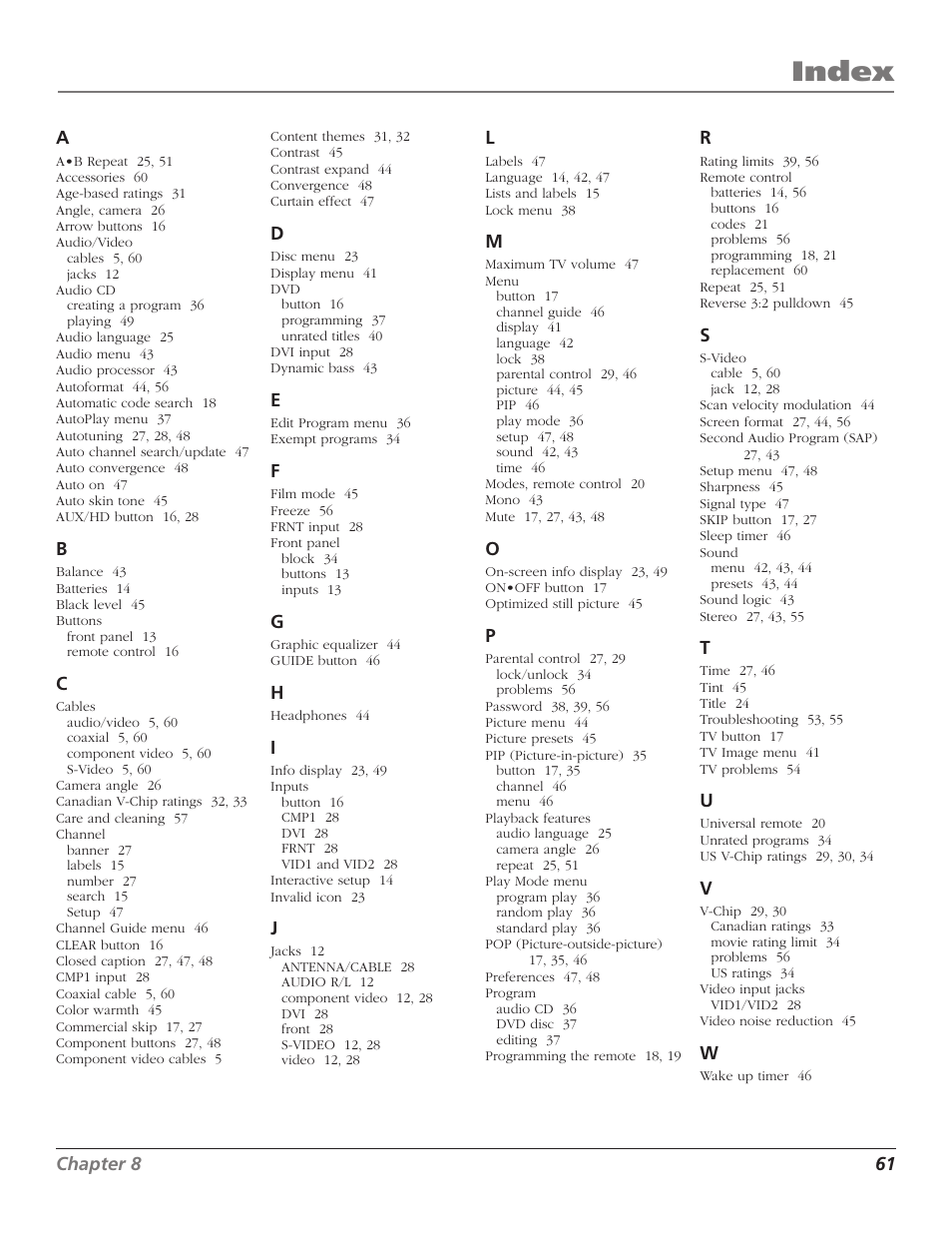 Index to be compiled upon final approval, Index, Other information | RCA D52W27D User Manual | Page 63 / 64