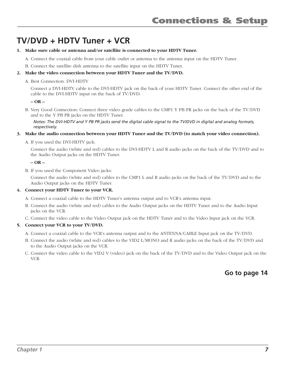 Tv/dvd + hdtv tuner + vcr, Connections & setup, Go to page 14 | RCA D52W27D User Manual | Page 9 / 64