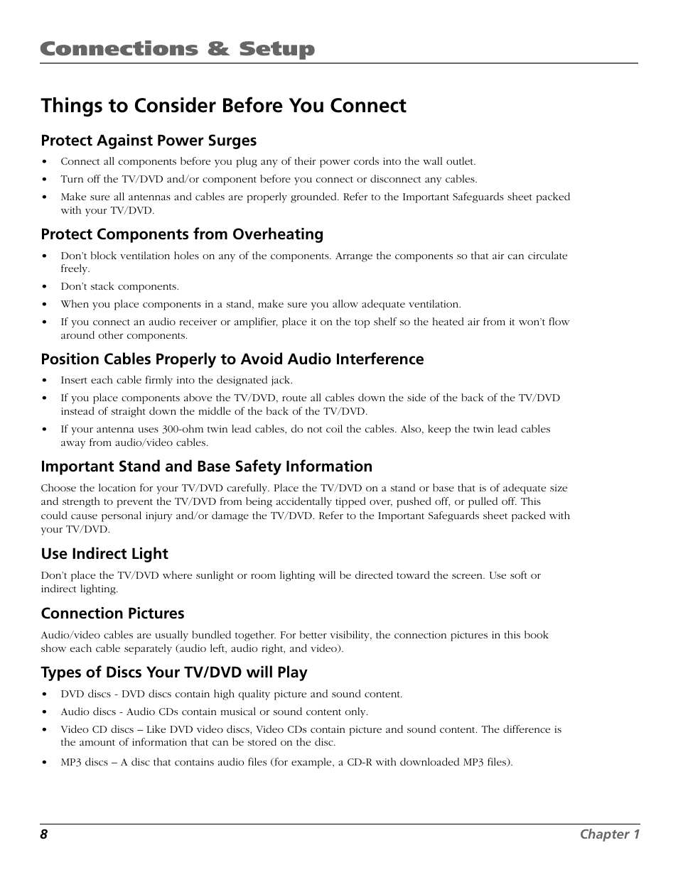 Protect against power surges, Protect components from overheating, Important stand and base safety information | Use indirect light, Connection pictures, Types of discs your tv/dvd will play | RCA TruFlat BD20TF10 User Manual | Page 10 / 104