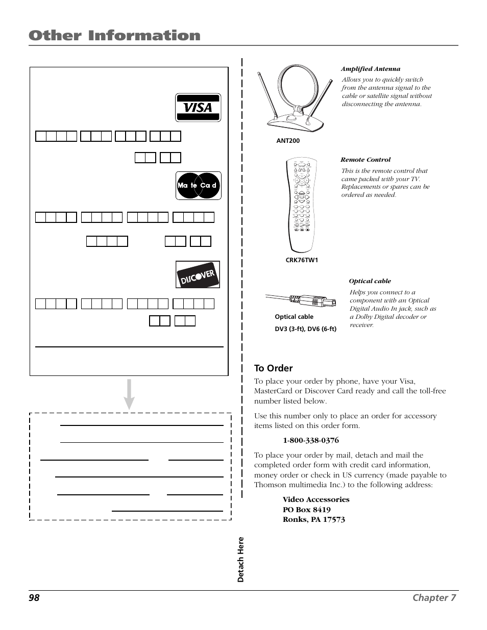 Other information, 98 chapter 7 to order, Detach her e | Use your credit card, Daytime phone number | RCA TruFlat BD20TF10 User Manual | Page 100 / 104