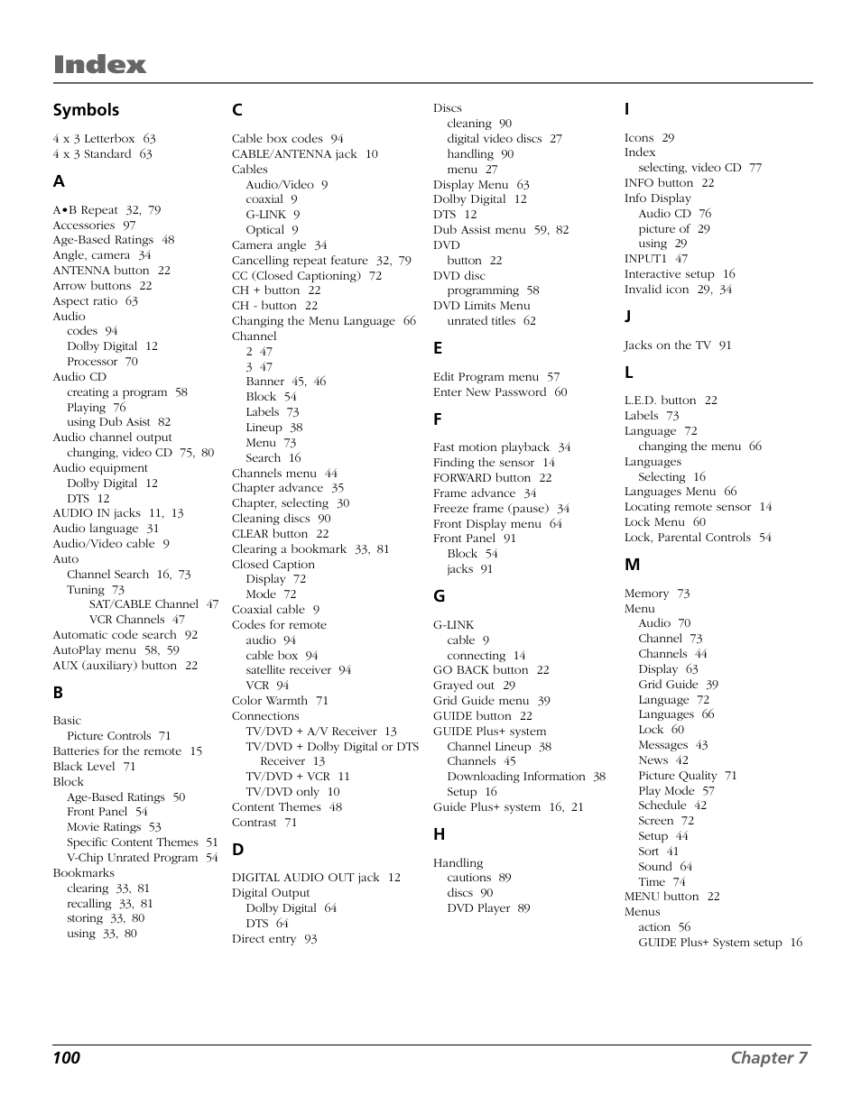 Index | RCA TruFlat BD20TF10 User Manual | Page 102 / 104