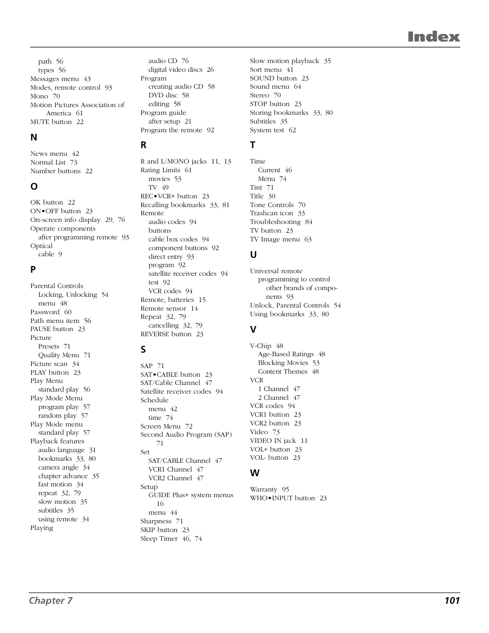 Index | RCA TruFlat BD20TF10 User Manual | Page 103 / 104