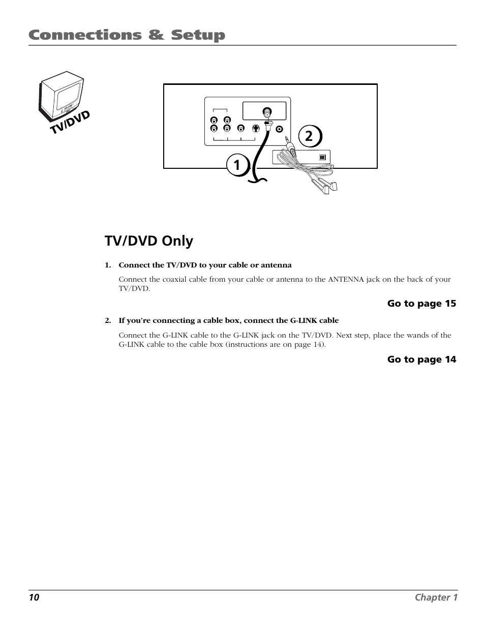 Connections & setup, Tv/dvd only, Tv /dv d | 10 chapter 1, Go to page 15, Go to page 14 | RCA TruFlat BD20TF10 User Manual | Page 12 / 104