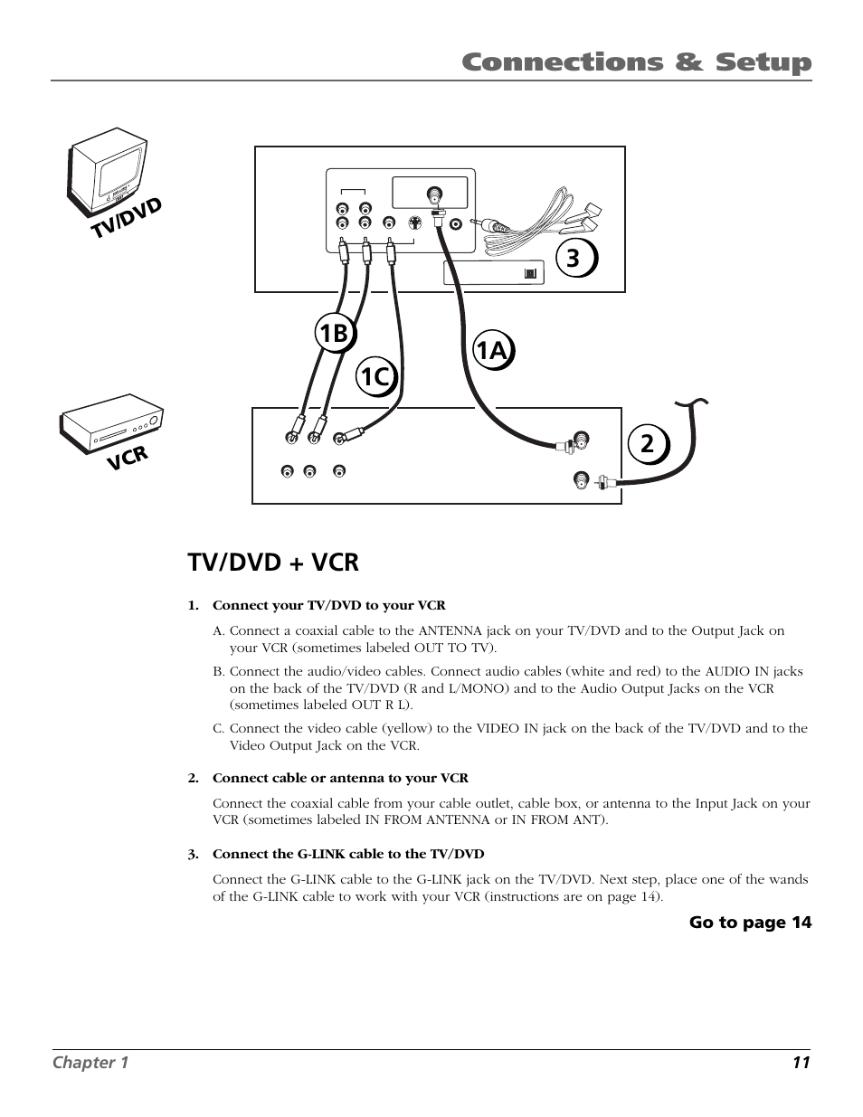 Connections & setup, Tv/dvd + vcr, 1a 1b 1c 3 | Tv /dv d, Vc r, Chapter 1 11, Go to page 14 | RCA TruFlat BD20TF10 User Manual | Page 13 / 104