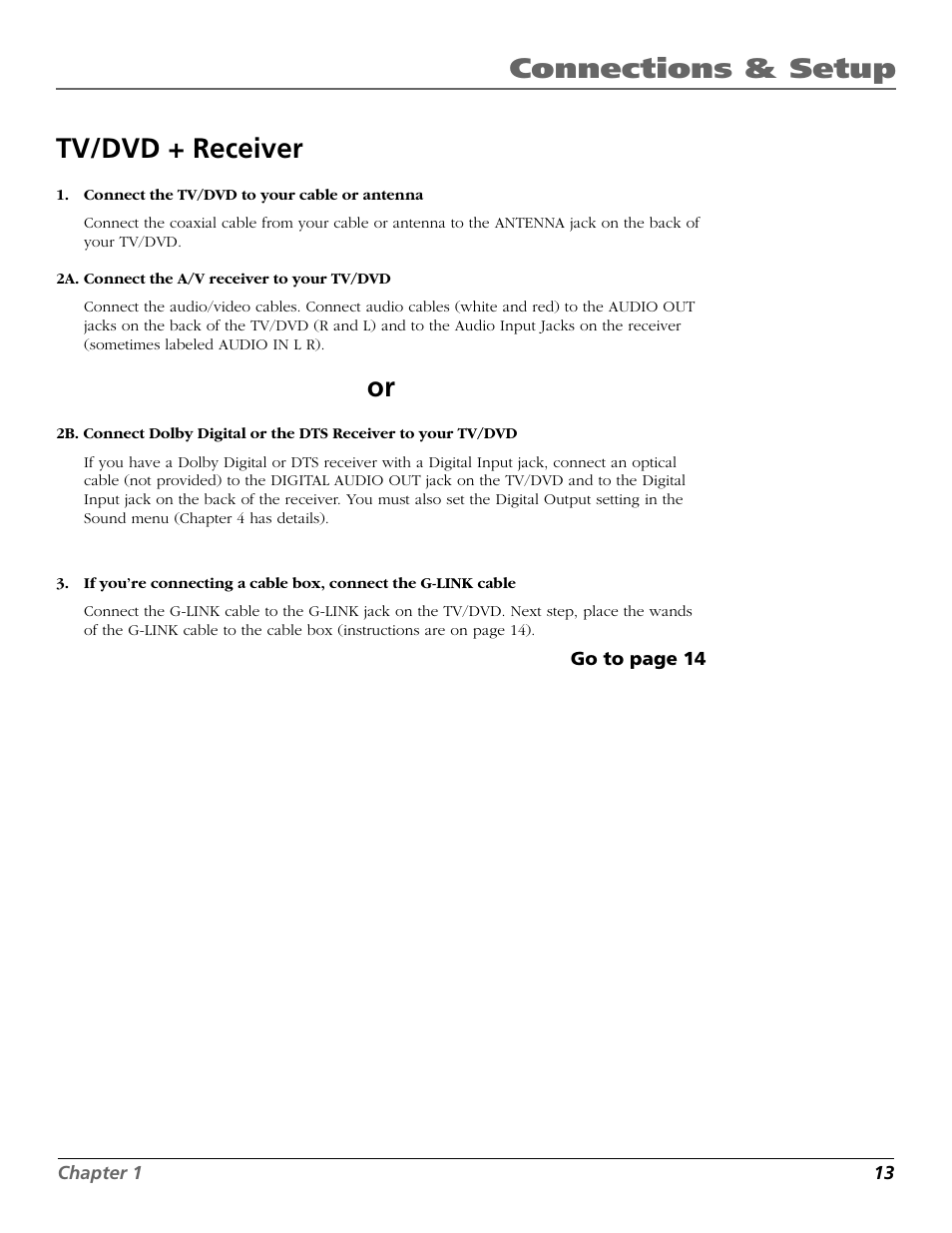 Connections & setup tv/dvd + receiver | RCA TruFlat BD20TF10 User Manual | Page 15 / 104