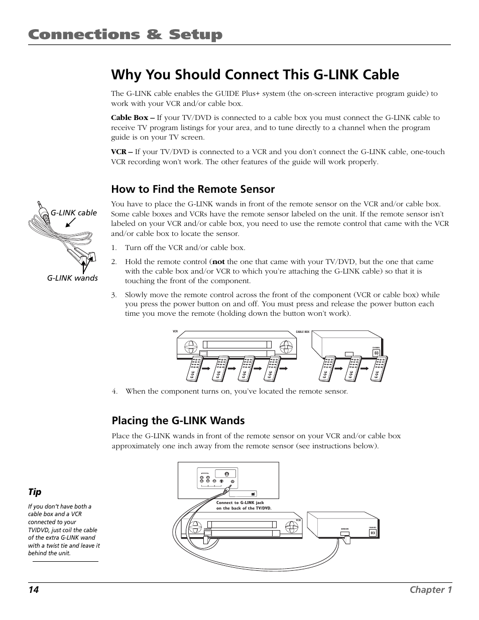 How to find the remote sensor, Placing the g-link wands, 14 chapter 1 | RCA TruFlat BD20TF10 User Manual | Page 16 / 104