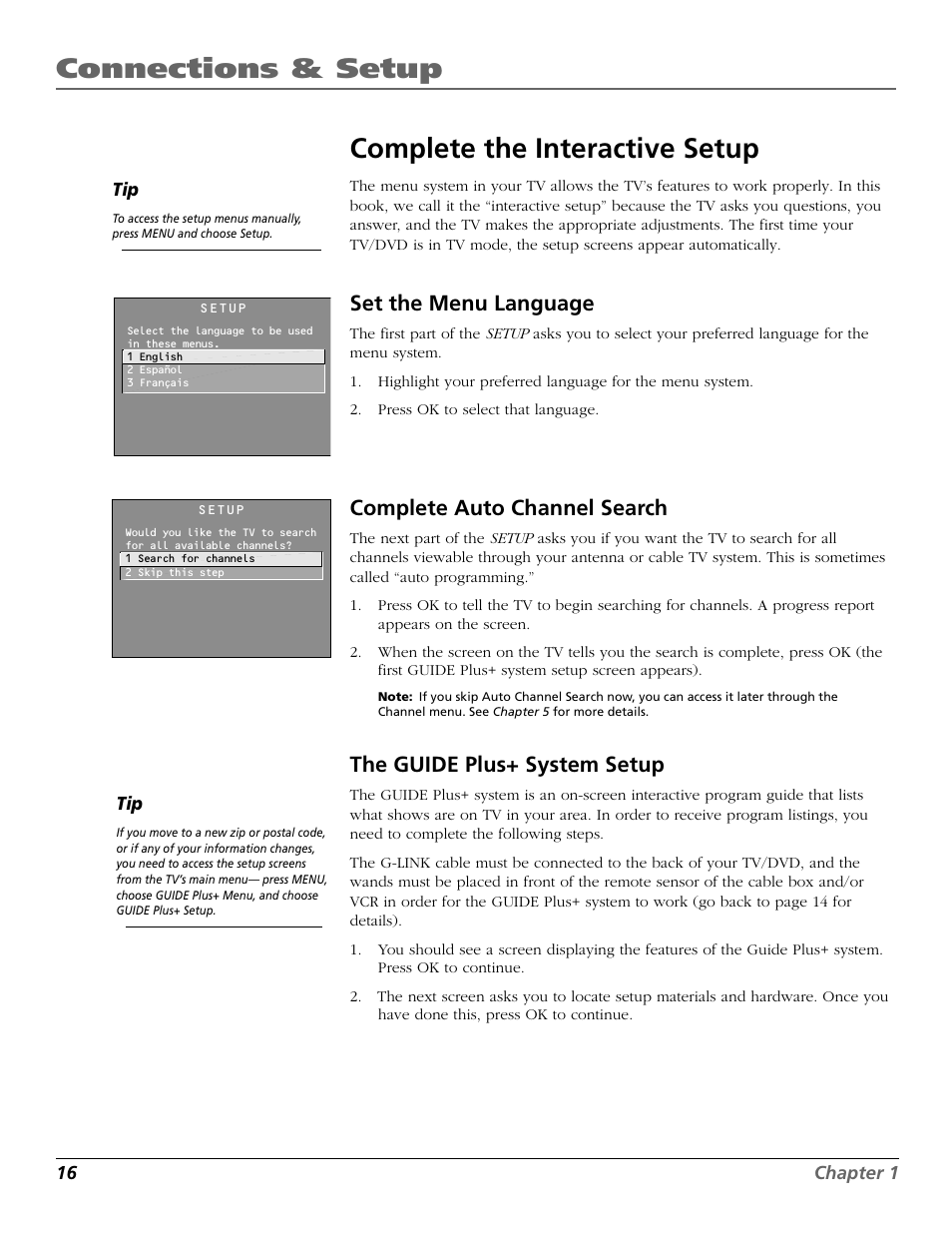 Connections & setup, Complete the interactive setup, Set the menu language | Complete auto channel search, The guide plus+ system setup | RCA TruFlat BD20TF10 User Manual | Page 18 / 104