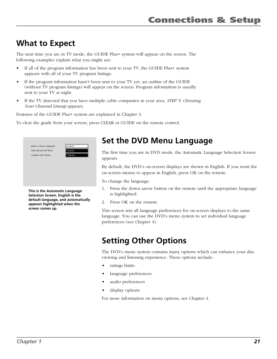 Connections & setup what to expect, Set the dvd menu language, Setting other options | RCA TruFlat BD20TF10 User Manual | Page 23 / 104