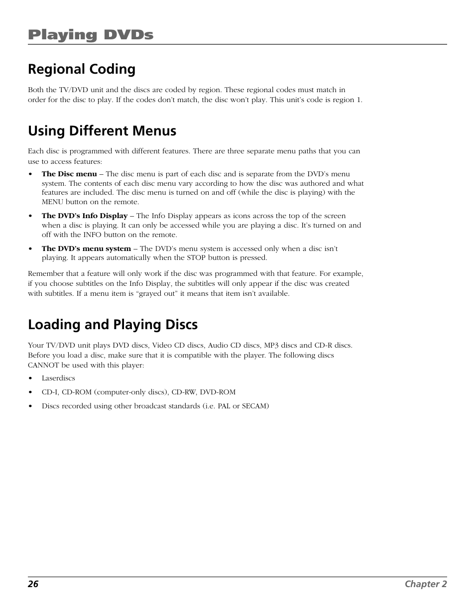 Playing dvds, Regional coding, Using different menus | Loading and playing discs | RCA TruFlat BD20TF10 User Manual | Page 28 / 104