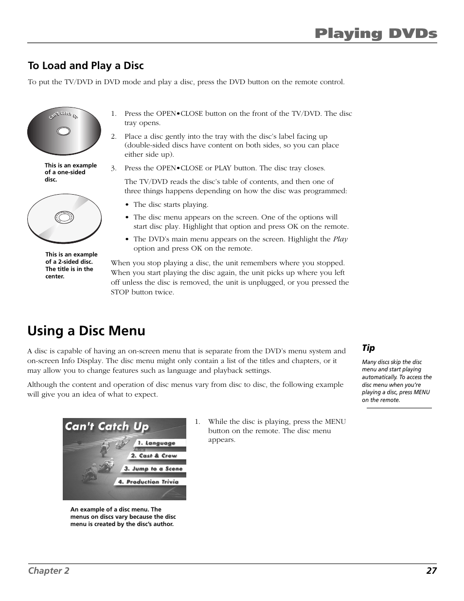 Playing dvds, Using a disc menu, Chapter 2 27 | RCA TruFlat BD20TF10 User Manual | Page 29 / 104